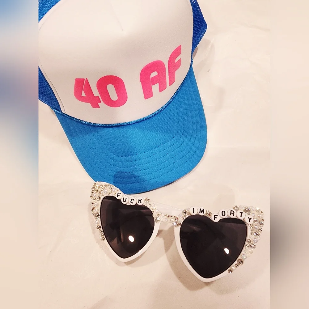 40th Birthday Party Hat And Custom Heart Bling Sunglasses Forty AF Rhinestone